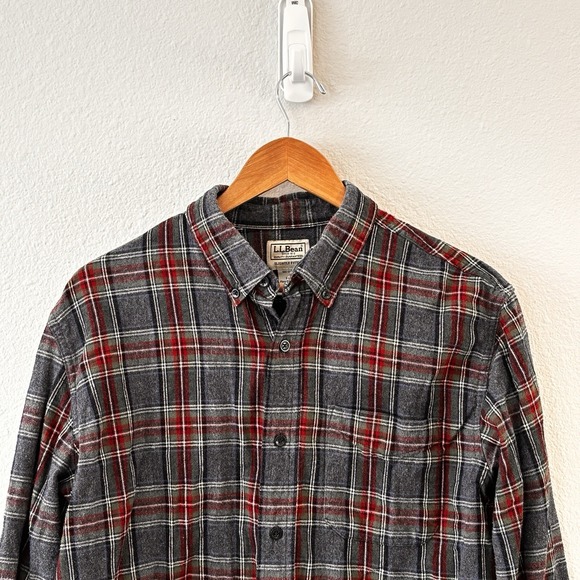 LL Bean Grey Stewart Scotch Plaid Flannel Shirt Slightly Fitted Mens Size L Prep - Picture 3 of 8